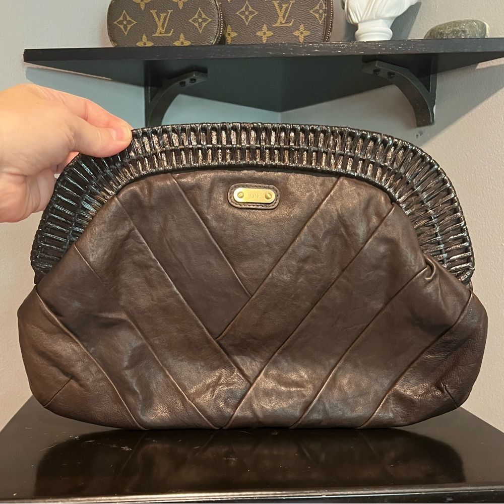 Rafe Leather and Wicker Chocolate Brown Clutch